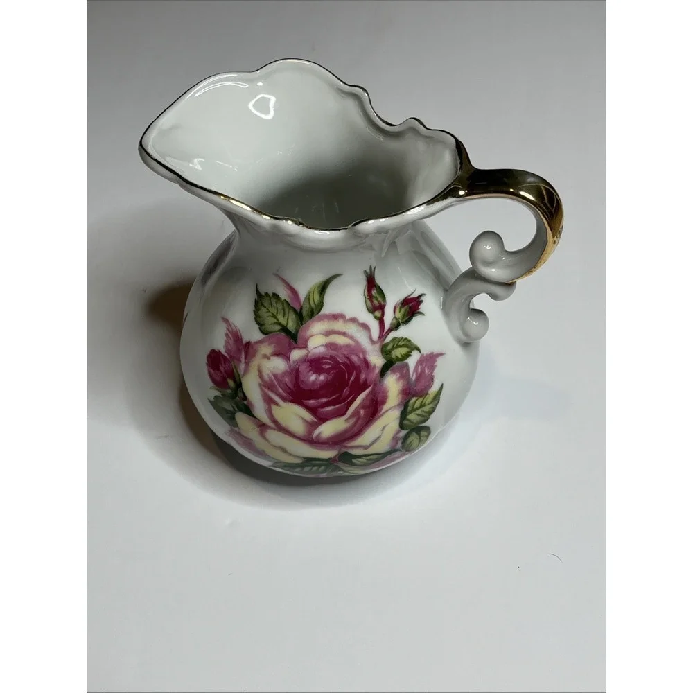 Vintage Fine Porcelain Pitcher/Vase With Pink & Yellow Rose Made In Japan